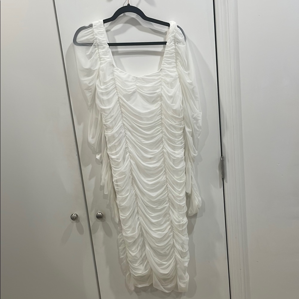 Fashion Nova White Ruched Midi Dress bridal